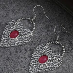 Elegant Silver Heart Earrings with Red Gem